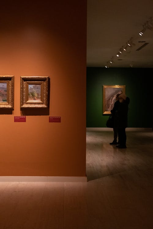 Interior view of an art gallery with artworks displayed and visitors observing the collection